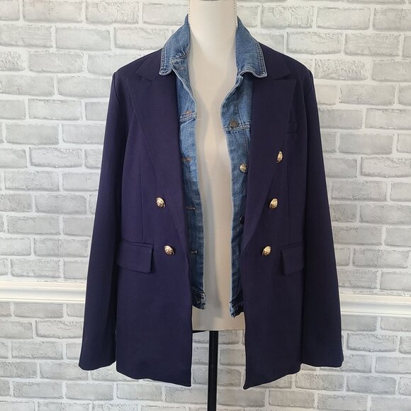 Dolan Double Breasted Navy Ponte Miller Blazer Removable Denim Dickey L NWOT - Picture 12 of 14
